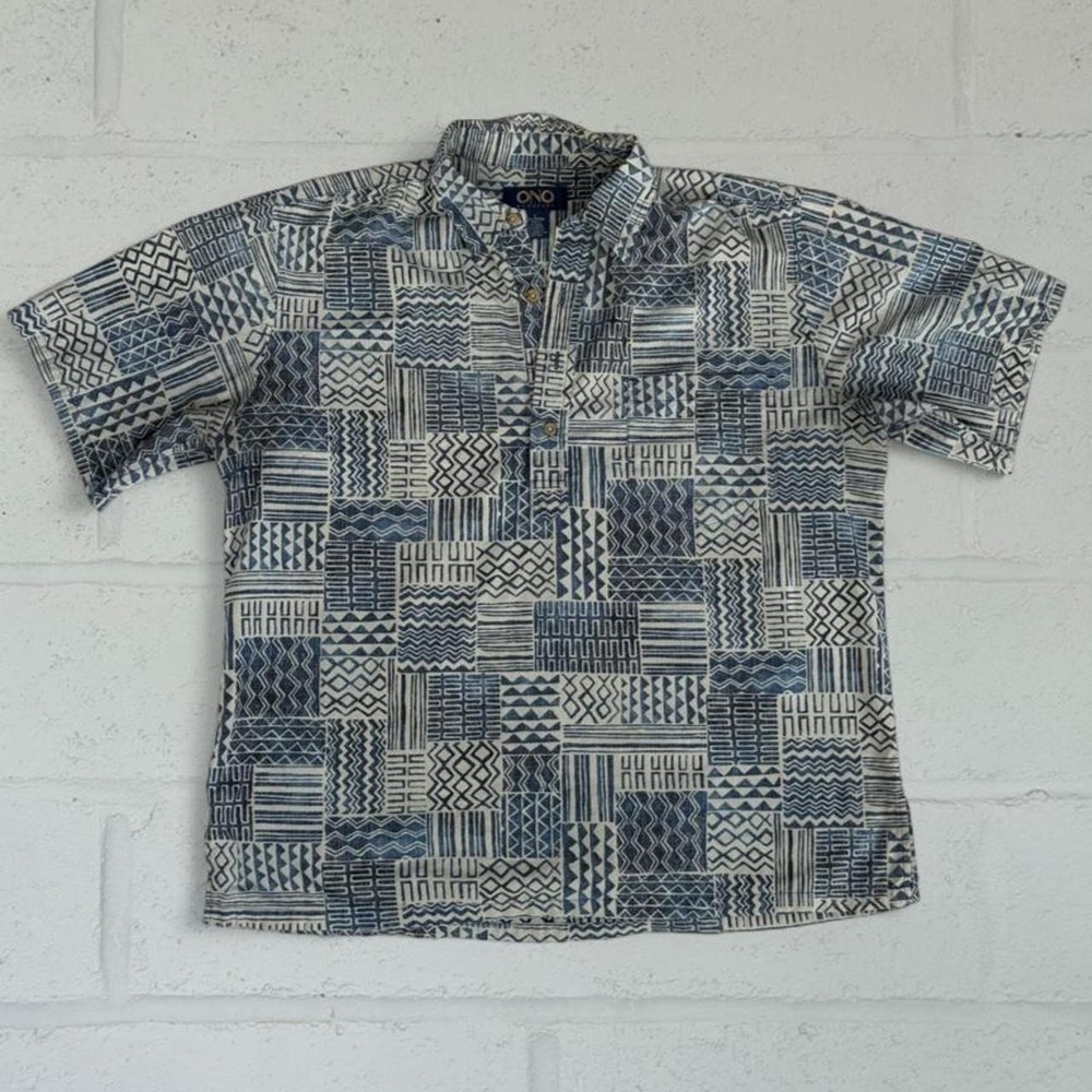 Vintage ONO & Company Geometric Patchwork Aloha Shirt Mens Large Blue White Y2K